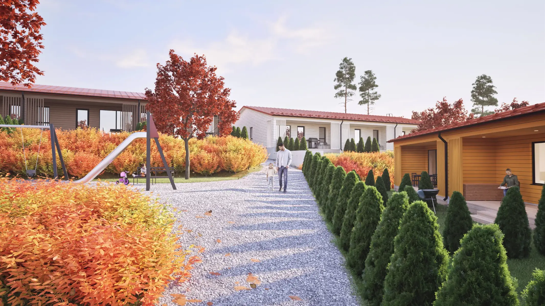 Kolmen puuverhoillun rivitalon alue Nokialla.