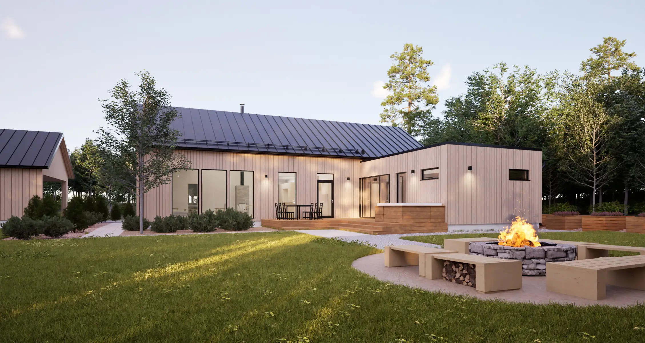 Puuverhoiltu skandinaavinen latomallinen omakotitalo Hollolan Tasatarhassa.