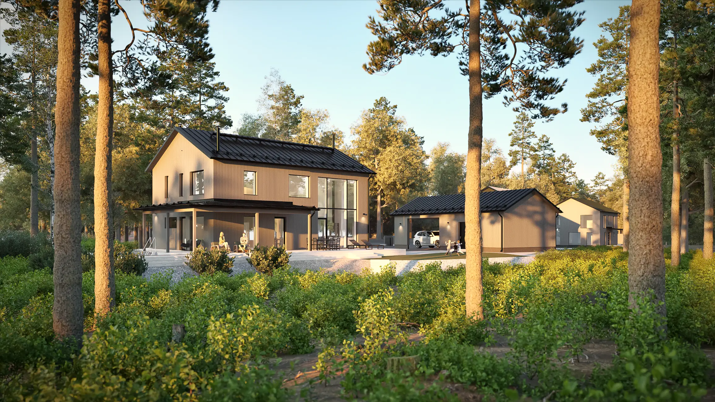 Moderni kivirakenteinen puupaneloitu omakotitalo Siuntiossa mäntymetsän keskellä. Pihalla kahden auton autotalli ja autokatos. Tontti sijaitsee golfkentän välittömässä läheisyydessä.